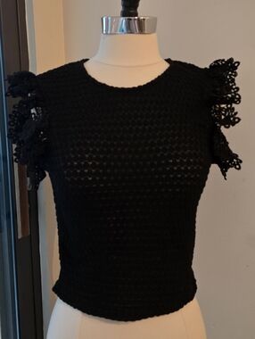 Zara Black Crochet Short Sleeve Top - Size M